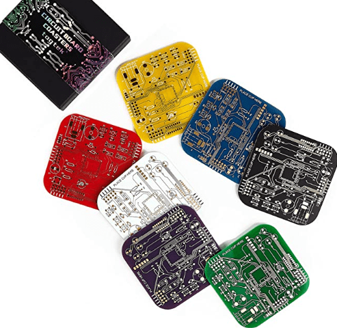 Circuit board coasters from Tagtek that would make a unique employee gift.