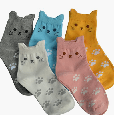 Colorful cat socks that would make a unique gift idea for an employee.